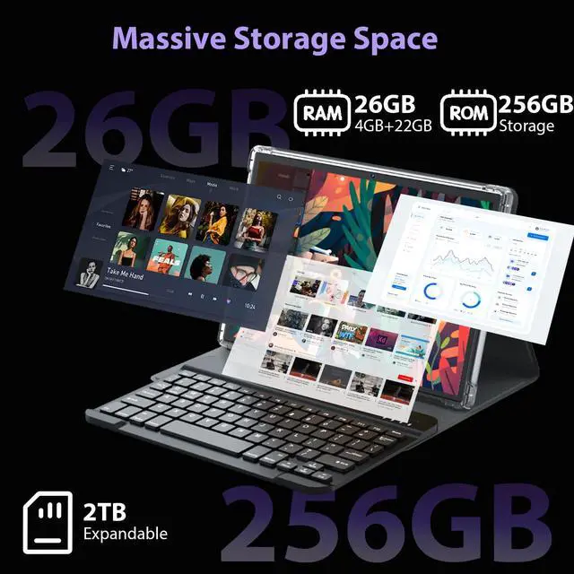 Alt view image 3 of 5 - Android 15 Tablet with Keyboard - 26GB+256GB+2TB Expand, Octa-Core, 2.4G/5G Wifi, 8000mAh Battery, Widevine L1, Dual Camera, Face Unlock, 10 Inch 2 in 1 Tablets with Mouse, Stylus (Green Case)