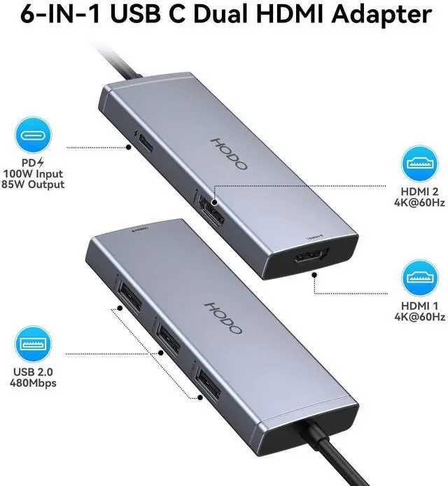 Alt view image 2 of 5 - USB C Docking Station Dual HDMI Monitor 4K 60 Hz USB C to Dual HDMI Adapter with 2 hdmi Ports, USB-C Hub 2 Monitors with 3 USB Port PD Charging Compatible for Dell XPS HP Surface Yoga etc