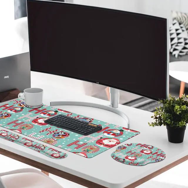 Alt view image 3 of 5 - Britimes Keyboard Mouse Pad Set Winter Santa Claus Penguin Snowman 4in1 Large Mousepad+Keyboard Wrist Rest+Mouse Wrist Rest+Coaster Set with Ergonomic Design for Home Office Computer 35.4x15.7In