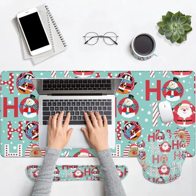 Alt view image 4 of 5 - Britimes Keyboard Mouse Pad Set Winter Santa Claus Penguin Snowman 4in1 Large Mousepad+Keyboard Wrist Rest+Mouse Wrist Rest+Coaster Set with Ergonomic Design for Home Office Computer 35.4x15.7In