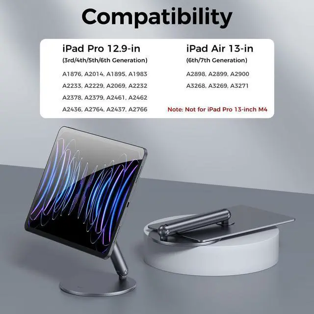 Alt view image 2 of 5 - BENKS Magnetic Stand for iPad Air 13" M3/M2 (2025/2024) & iPad Pro 12.9" 3rd/4th/5th/6th Gen, 360° Rotating Base, Foldable Aluminum Holder for Desk, Work, Office & Home Use
