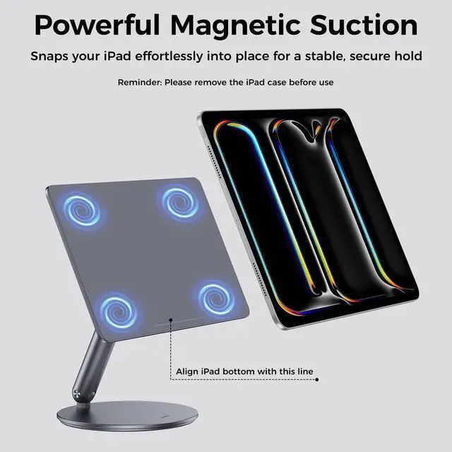 Alt view image 3 of 5 - BENKS Magnetic Stand for iPad Air 13" M3/M2 (2025/2024) & iPad Pro 12.9" 3rd/4th/5th/6th Gen, 360° Rotating Base, Foldable Aluminum Holder for Desk, Work, Office & Home Use