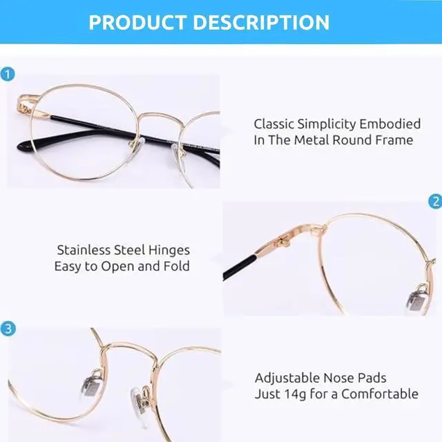 Alt view image 5 of 5 - Firmoo Blue Light Blocking Reading 2.5 Glasses, Anti UV Glare Filter Lens, Gold Metal Retro Round Readers for Women/Men