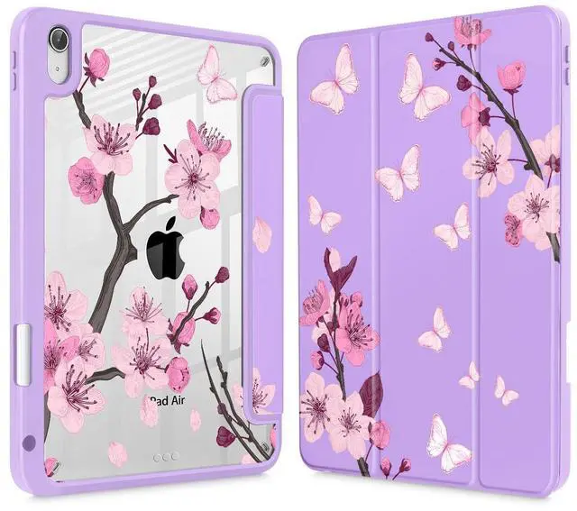 May Chen Case for iPad Air 11 (M3 2025 / M2 2024) 7th 6th, iPad Air 4 & 5 10.9 Inch 5th 4th (2022/2020) - Pencel Holder + Auto Sleep/Wake, Transparent Shockproof Back Cover, Cherry Blossom