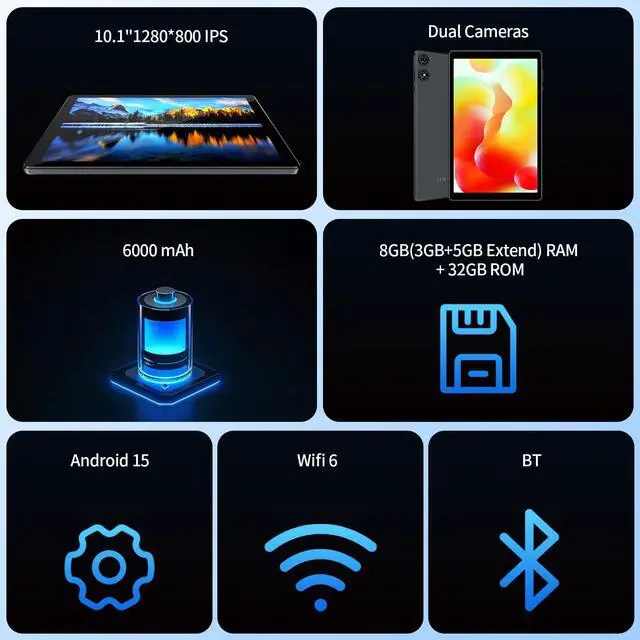 Alt view image 2 of 5 - VASOUN Android 15 Tablet 10.1" HD IPS Display, 8GB RAM (3+5GB Extended) 32GB, 6000mAh Touchscreen 8H Battery, WiFi 6, BT 5.0, Dual Camera, Tablets 2025