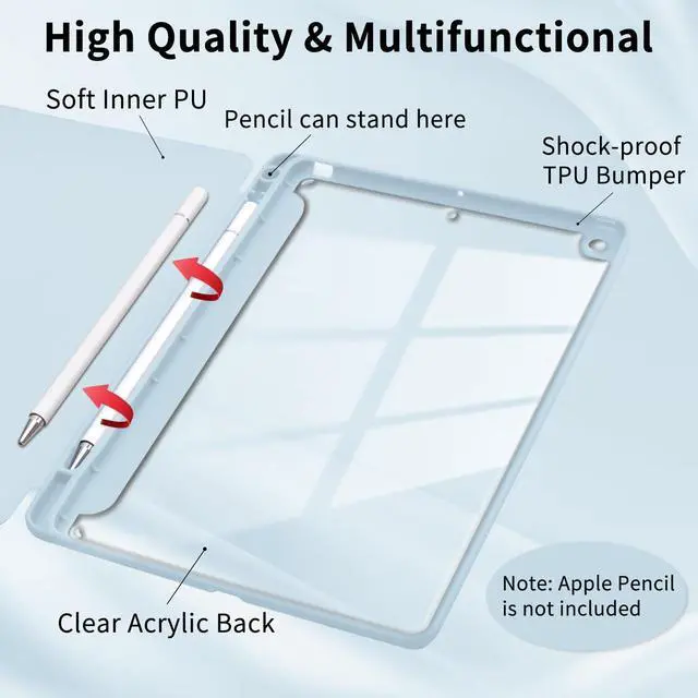 Alt view image 2 of 5 - Starfish Seashell Case for iPad 9th/7th/8th Generation(2021/2020/2019, 10.2 Inch) with Pencil Holder Foldable Blue Leather Cartoon Cover Clear Back Shell Auto Wake/Sleep