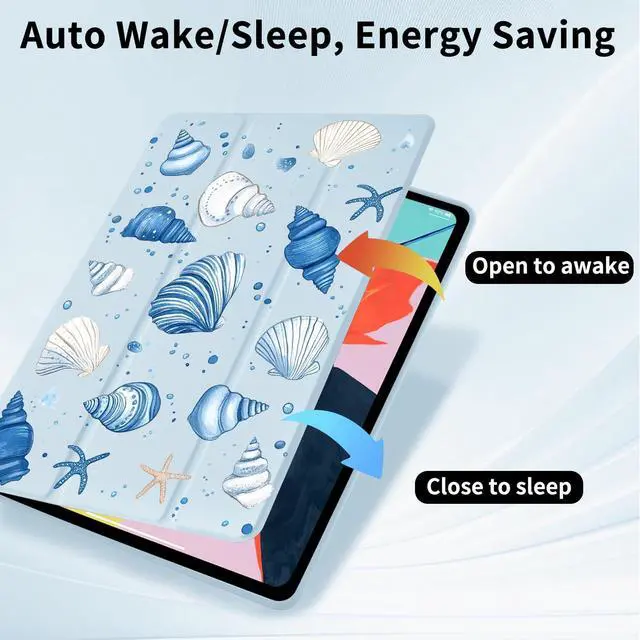 Alt view image 4 of 5 - Starfish Seashell Case for iPad 9th/7th/8th Generation(2021/2020/2019, 10.2 Inch) with Pencil Holder Foldable Blue Leather Cartoon Cover Clear Back Shell Auto Wake/Sleep