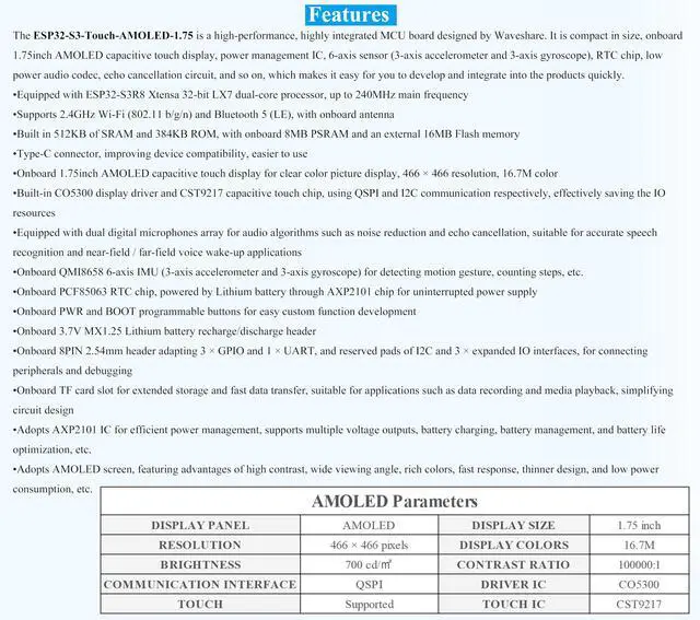 Alt view image 3 of 5 - UeeKKoo ESP32-S3 with 1.75inch AMOLED Round Touch Display Development Board, 466x466, QSPI, Type-C Interface Onboard Dual Digital Microphone Array, Support AI Speech Interaction,with 8 2W Speaker