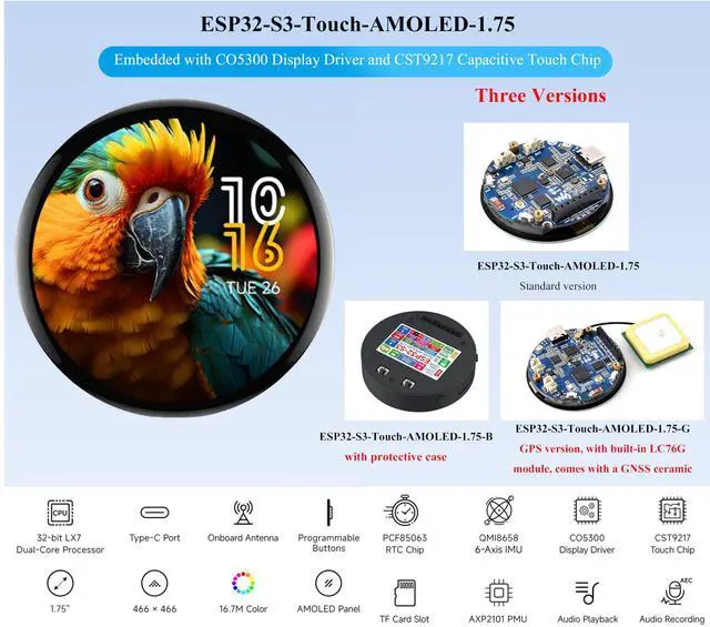 Alt view image 2 of 5 - UeeKKoo ESP32-S3 with 1.75inch AMOLED Round Touch Display Development Board, 466x466, QSPI, Type-C Interface Onboard Dual Digital Microphone Array, Support AI Speech Interaction,with 8 2W Speaker
