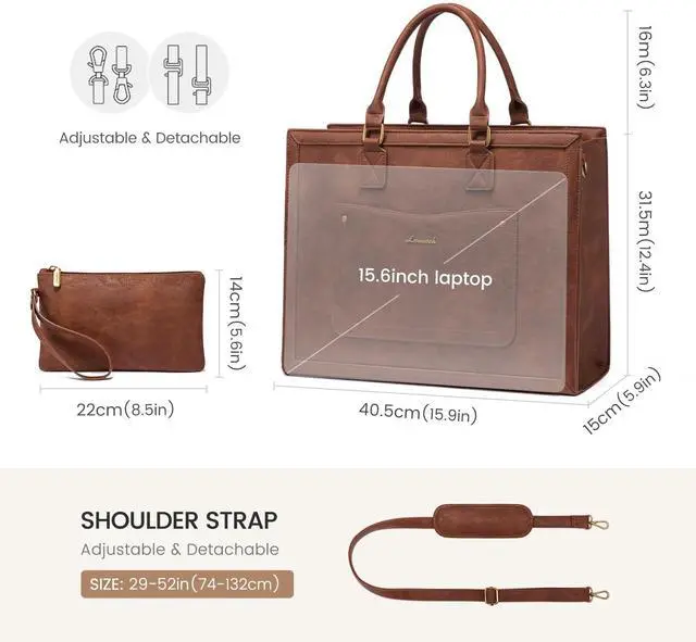 Alt view image 3 of 5 - LOVEVOOK Laptop Tote Bag for Women, 15.6 Inch Work Bags, Vintage Leather Tote Bag, Waterproof Computer Bags with Clutch Purse, Large Capacity Messenger Bag for Teacher College Business Office