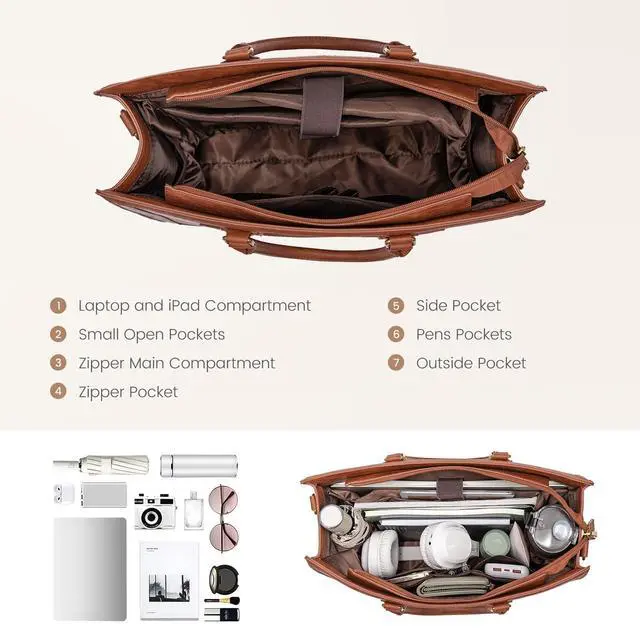 Alt view image 4 of 5 - LOVEVOOK Laptop Tote Bag for Women, 15.6 Inch Work Bags, Vintage Leather Tote Bag, Waterproof Computer Bags with Clutch Purse, Large Capacity Messenger Bag for Teacher College Business Office