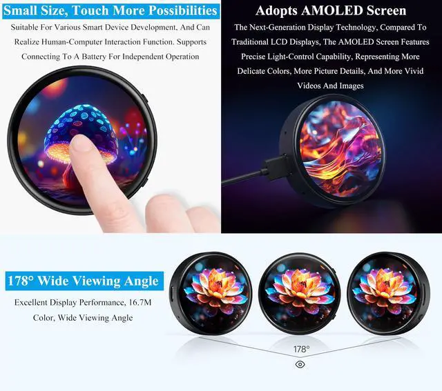 Alt view image 5 of 5 - UeeKKoo ESP32-S3 with 1.75inch AMOLED Round Touch Display Development Board, 466x466, QSPI, Type-C Interface Onboard Dual Digital Microphone Array, Support AI Speech Interaction,with 8 2W Speaker