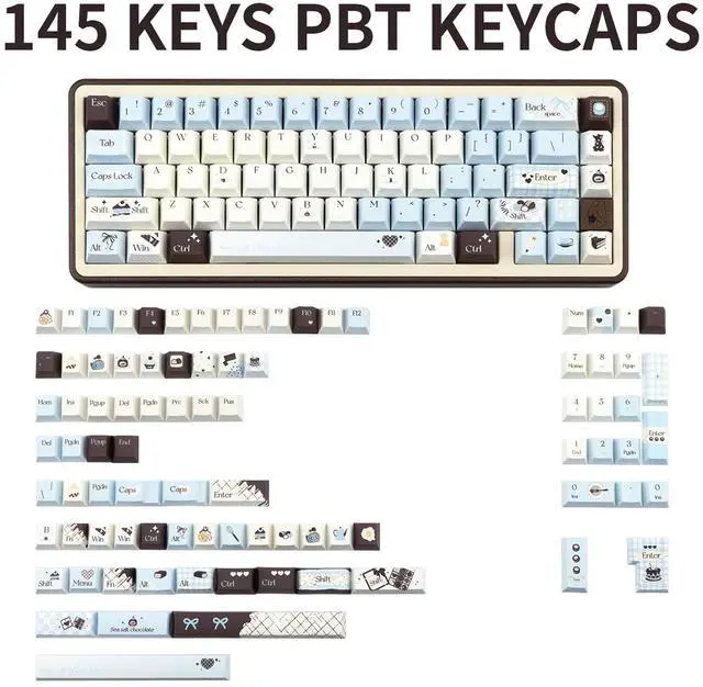 Alt view image 2 of 5 - COOMICKEY PBT Keycaps 145 Keys Dye-Sub Cherry Profile Keycaps, Cute Blue Custom Key Cap Set Fit for 61/64/87/104/108 Cherry Mx Switches ISO ANSI Layout Alice Keyboard Mechanical Keyboards
