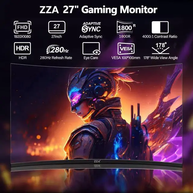 Alt view image 2 of 5 - ZZA 27 Inch Gaming Monitor 280Hz 240Hz 1080p 1ms VRB Blue Light Shift Machine Black Curved 100% sRGB, Adaptive FreeSync,Display Port DP HDMI VESA Mounting Compliant