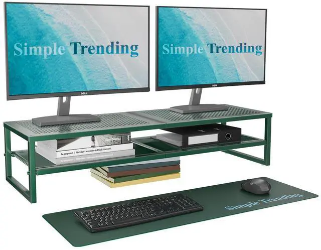 Main image of Simple Trending 2 Tier Metal Dual Monitor Stand Riser, Computer Office Desktop Organizer for 2 Monitors with 32"x10" Mouse Pad for Laptop, Printer, TV, Green