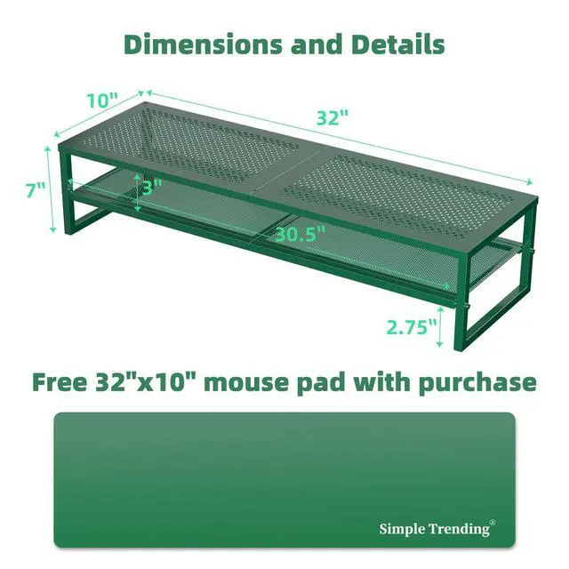 Alt view image 3 of 5 - Simple Trending 2 Tier Metal Dual Monitor Stand Riser, Computer Office Desktop Organizer for 2 Monitors with 32"x10" Mouse Pad for Laptop, Printer, TV, Green