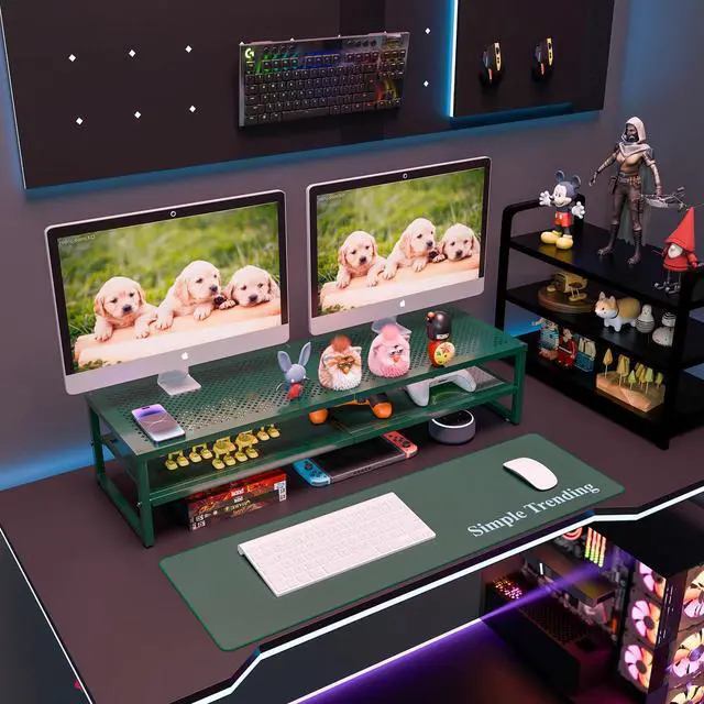 Alt view image 2 of 5 - Simple Trending 2 Tier Metal Dual Monitor Stand Riser, Computer Office Desktop Organizer for 2 Monitors with 32"x10" Mouse Pad for Laptop, Printer, TV, Green