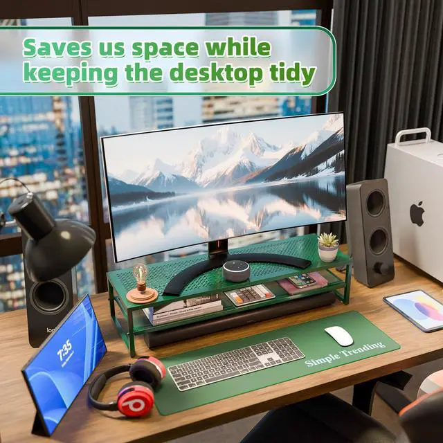 Alt view image 4 of 5 - Simple Trending 2 Tier Metal Dual Monitor Stand Riser, Computer Office Desktop Organizer for 2 Monitors with 32"x10" Mouse Pad for Laptop, Printer, TV, Green