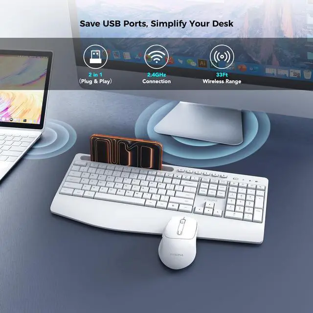 Alt view image 3 of 5 - KYSONA Wireless Keyboard and Mouse Combo, Full Sized Cordless Keyboard with Wrist Rest,ipad Holder, 2.4G 3 DPI Adjustable Optical Mice Keyboard for Computer/Laptop/PC/MAC/Windows, White