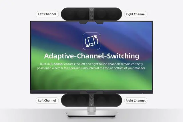 Alt view image 4 of 5 - Computer Speakers for Desktop PC Monitor, USB Plug-in, Wired, Computer Soundbar for PC, Laptop Speakers with Adaptive-Channel-Switching, Loud Sound, Deep Bass, USB C Adapter, Easy to Clip on Monitor