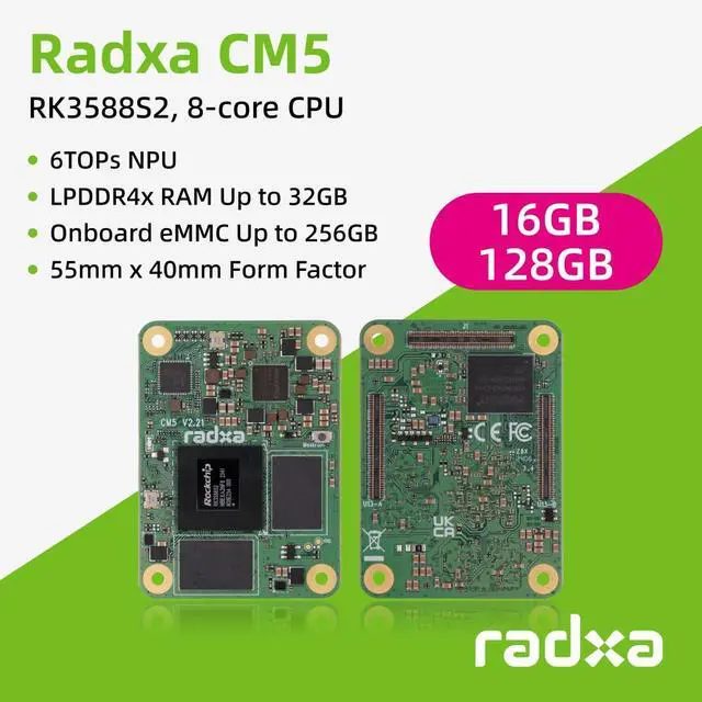Alt view image 5 of 5 - Radxa CM5 RK3588S2 8-core CPU Compute Module, GPU, NPU, 8K HDMI and 3x100-Pin B2B Connector (Radxa CM5 16GB 128GB)