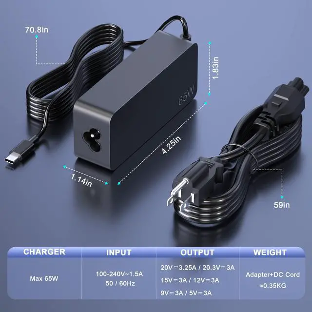 Alt view image 5 of 5 - Lenovo Laptop Charger, 65W 45W AC Adapter USB C Power Supply Computer Charger Power Cord for Lenovo Ideapad Thinkpad,MacBook Pro,HP,Dell,Samsung,Nintendo Switch and More USB C Laptops or Phones