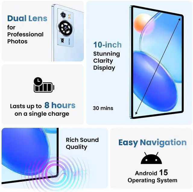 Alt view image 2 of 5 - UXD A5 Android Tablet 10 Inch, Android 15, Octa-Core CPU, 12GB RAM 256GB ROM, 1280x800 IPS Display, 5MP+15MP Camera, WiFi 6, 4G LTE, 6000mAh Battery, Includes Keyboard, Mouse & Case  Blue