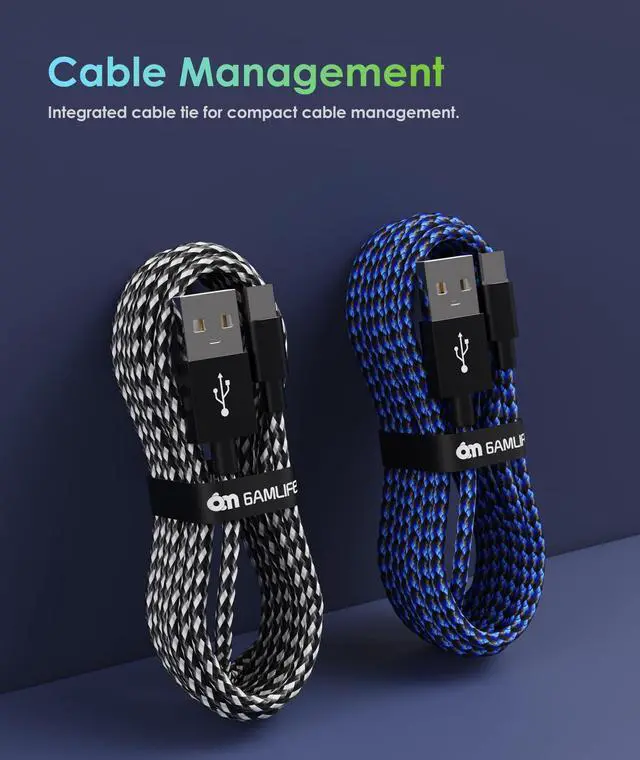 Alt view image 3 of 4 - 6amLifestyle 2-Pack Controller Charging Cables (10ft Micro USB & USB Type C) for PS4, PS5, Xbox, and Nintendo Switch - Fast Charging, Durable, Nylon Braided Cords with LED Indicator