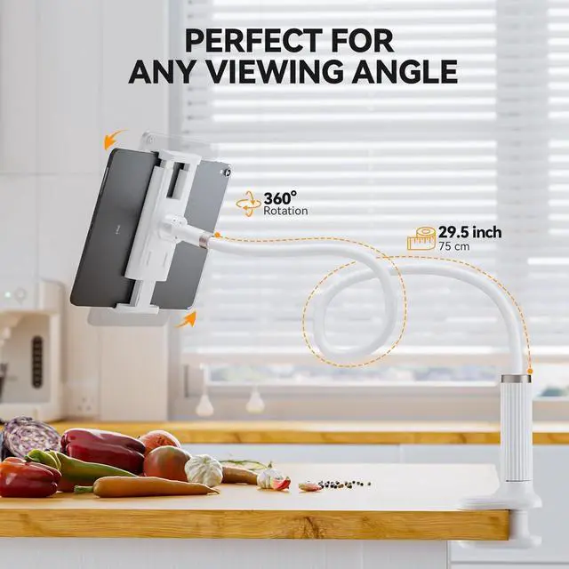 Alt view image 5 of 5 - Santiaoniu Gooseneck Tablet Holder, Tablet Stand : Flexible Arm Clip Mount Compatible with iPad mini Pro Air, Kindle, Switch, Galaxy Tabs, More 4.7-11" Devices- (White)