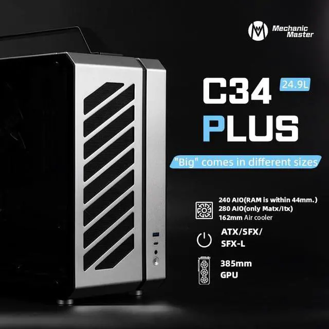Alt view image 2 of 5 - Mechanic Master C34Plus Portable Desktop ATX Case with Aluminum Handle - 5-Slot Mode Switchable, 240mm AIO Compatibility (RAM Height 44mm), Fits Extra-Long GPUs (Moonlight Silver)