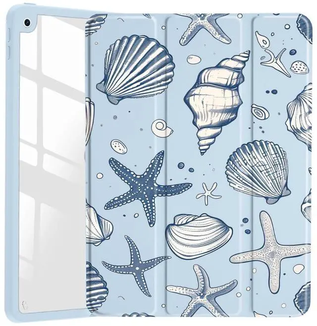 Main image of JOYLAND Sea Shells Case for iPad Pro 11" 4th/3rd/2nd/1st Generation (2022/2021/2020/2018), Clear Acrylic Hard Back Ice Blue Case with Pencil Holder Trifold Stand Tablet Cover