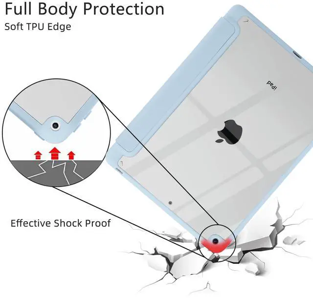 Alt view image 5 of 5 - JOYLAND Sea Shells Case for iPad Pro 11" 4th/3rd/2nd/1st Generation (2022/2021/2020/2018), Clear Acrylic Hard Back Ice Blue Case with Pencil Holder Trifold Stand Tablet Cover