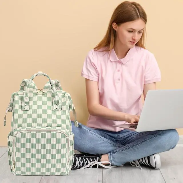 Alt view image 2 of 5 - Dezcrab Laptop Backpack for Women, Corduroy College School Backpack Bookbag 15.6 inch Business Computer Travel Backpack (Checkered Green)