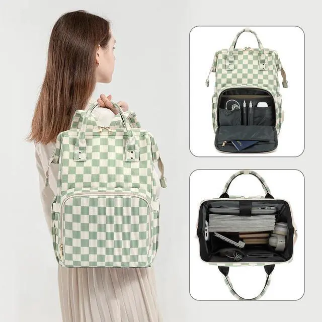 Alt view image 3 of 5 - Dezcrab Laptop Backpack for Women, Corduroy College School Backpack Bookbag 15.6 inch Business Computer Travel Backpack (Checkered Green)