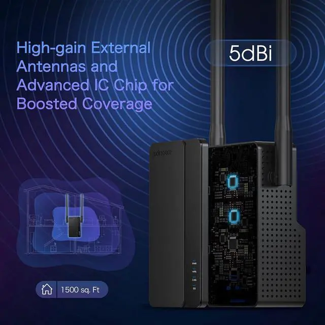 Alt view image 4 of 5 - Rockspace WiFi 6 Extender: Up to 3000 Sq. Ft. Coverage, 50+ Devices, Dual-Band, 1.8Gbps Speed, 4 Antennas, AP Mode with Gigabit Port for Home & Gaming AX1800 (AX1800 Black 02)