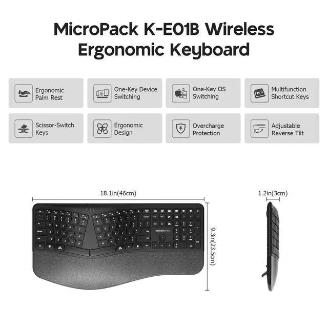Alt view image 2 of 5 - MicroPack Ergonomic Wireless Keyboard with Bluetooth, USB-C Rechargeable & Overload Protection, Wrist Rest, 3-Device Connectivity, Quiet Scissor Switch, Adjustable Tilt for Mac, Windows, PC, Office