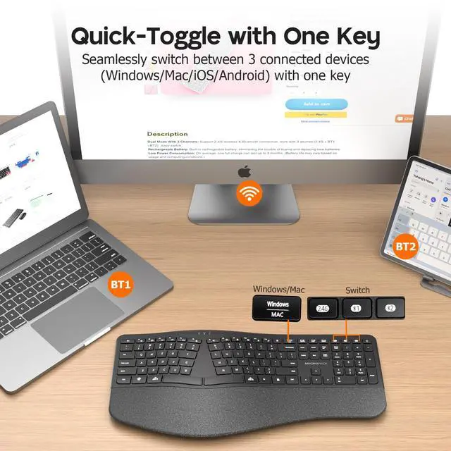 Alt view image 5 of 5 - MicroPack Ergonomic Wireless Keyboard with Bluetooth, USB-C Rechargeable & Overload Protection, Wrist Rest, 3-Device Connectivity, Quiet Scissor Switch, Adjustable Tilt for Mac, Windows, PC, Office