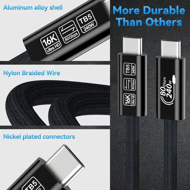 Alt view image 5 of 5 - 2Pack Thunderbolt 5 Cable 3.3FT Support 80Gbps Data Sync, 240W Charging and 16K/8K Monitor or Triple 4k Displays for Apple MacBook Pro, Thunderbolt 4/3 or Most USB C Devices