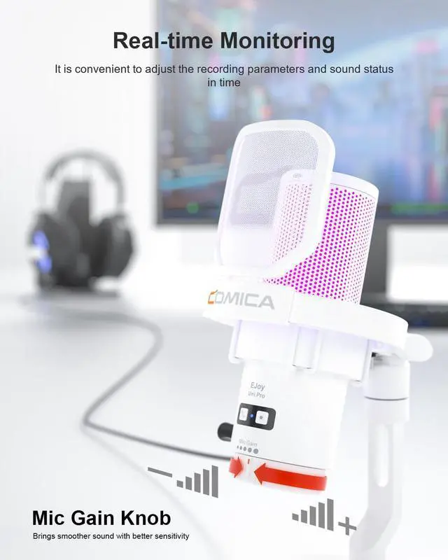Alt view image 4 of 5 - COMICA Ejoy Uni(D) USB Gaming Microphone with Noise Cancellation, RGB Lights, Monitoring, Muting, Streaming Mic for Computer, PS5, PS4, Streaming, Podcast, Chat, Twitch, YouTube, Discord(White)