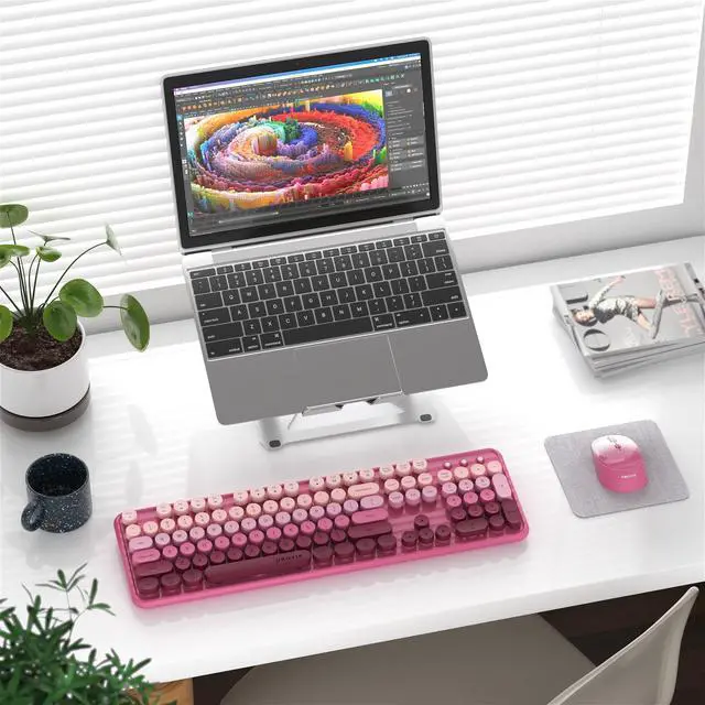 Alt view image 2 of 5 - FCPLU xUBOTIE Wireless Keyboard and Mouse Combo, 104-Key Colorful Round Keycap, QWERTY Layout, 2.4GHz, Power Button, Plug Play for PC Laptop (Rosy-Red)