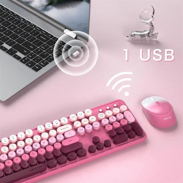 Alt view image 5 of 5 - FCPLU xUBOTIE Wireless Keyboard and Mouse Combo, 104-Key Colorful Round Keycap, QWERTY Layout, 2.4GHz, Power Button, Plug Play for PC Laptop (Rosy-Red)