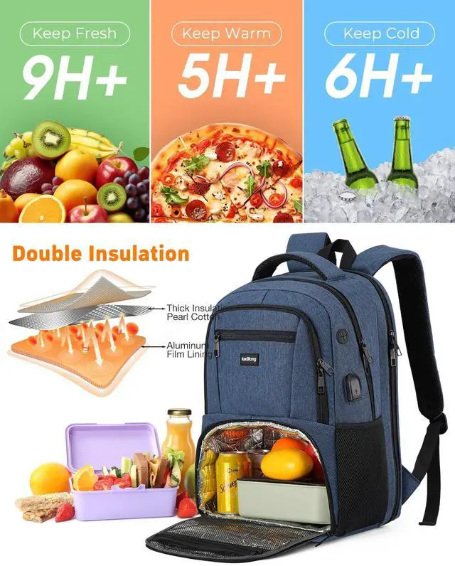 Alt view image 4 of 5 - kadilong 17.3 Inch Insulated Backpacks with Cooler Compartment,School Laptop Backpack Lunch Box for Teens Boys Men Women,Bookbag for Work Business College