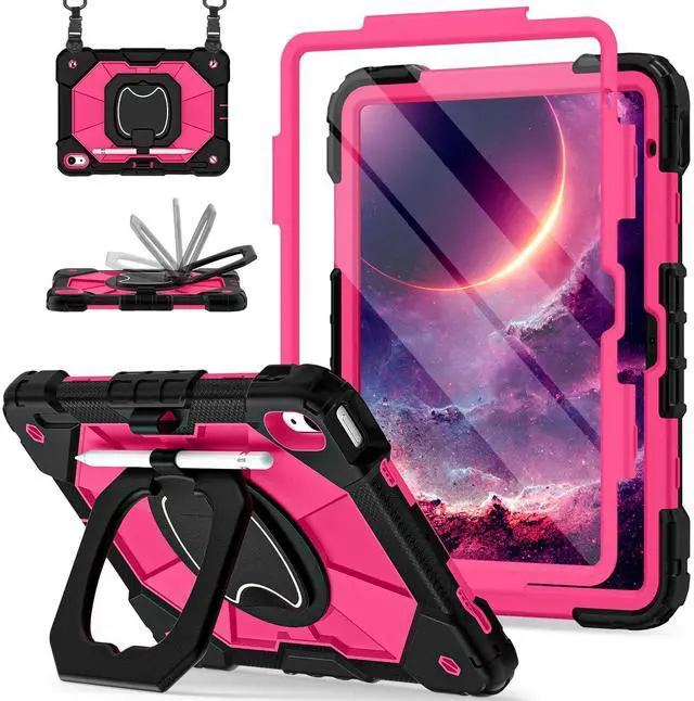 Main image of Scnioy Case for iPad (A16) 11th Generation 11 Inch (2025) / iPad 10th Generation Case 10.9 Inch (2022) with 360° Rotating Stand Screen Protector Pen Holder Shoulder Strap, Black Pink