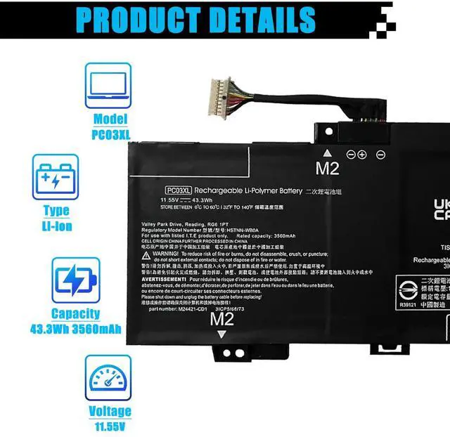 Alt view image 2 of 5 - PC03XL M24648-005 Battery Replacement for HP Pavilion x360 14 15 14-DY 14-BA 14-CD 14-dw 15-er Pavilion Aero 13-be Pavilion x360 Convertible 14-dy Series HSTNN-OB1W M24421-271 M24421-AC1 PC03043XL