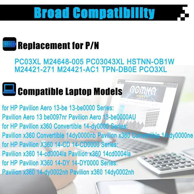 Alt view image 3 of 5 - PC03XL M24648-005 Battery Replacement for HP Pavilion x360 14 15 14-DY 14-BA 14-CD 14-dw 15-er Pavilion Aero 13-be Pavilion x360 Convertible 14-dy Series HSTNN-OB1W M24421-271 M24421-AC1 PC03043XL