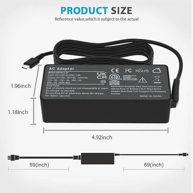 Alt view image 4 of 5 - Jeestam 100W USB-C Laptop Charger Compatible for Lenovo Yoga 7 Pro 9 9i Y910, Slim 6i 7i, IdeaPad 5 Pro Slim, ThinkBook Plus G3 13x 14G5 14G6 14s 14p 16G4 16p, ThinkPad Neo 14 P14s L15 T16 Adapter
