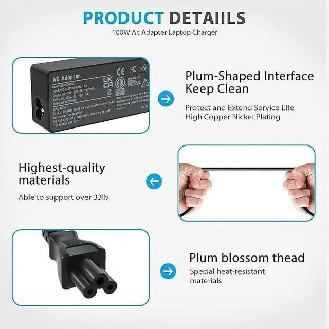 Alt view image 5 of 5 - Jeestam 100W USB-C Laptop Charger Compatible for Lenovo Yoga 7 Pro 9 9i Y910, Slim 6i 7i, IdeaPad 5 Pro Slim, ThinkBook Plus G3 13x 14G5 14G6 14s 14p 16G4 16p, ThinkPad Neo 14 P14s L15 T16 Adapter