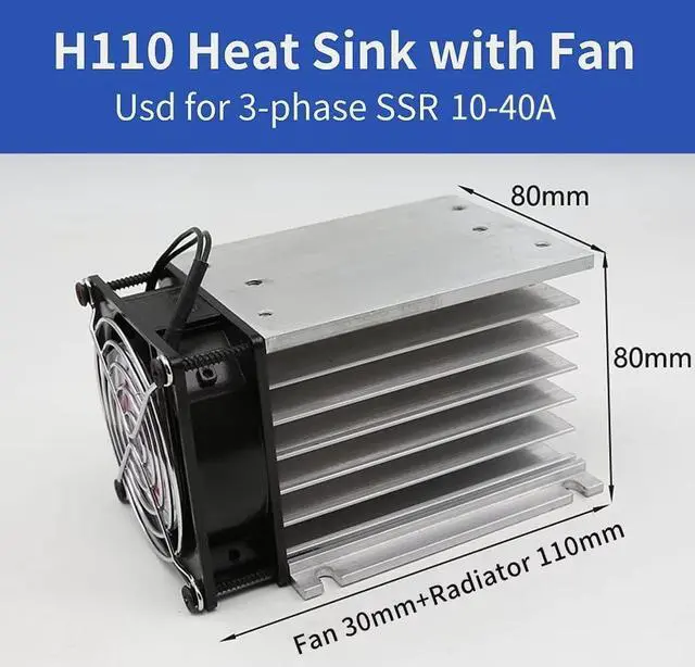 Alt view image 2 of 5 - Aigoodele H110 Aluminum Heat Sink with Fan 220V Heat Sink SSR Dissipation for Single Phase Solid State Relay 40-60A Free Mounting Screws