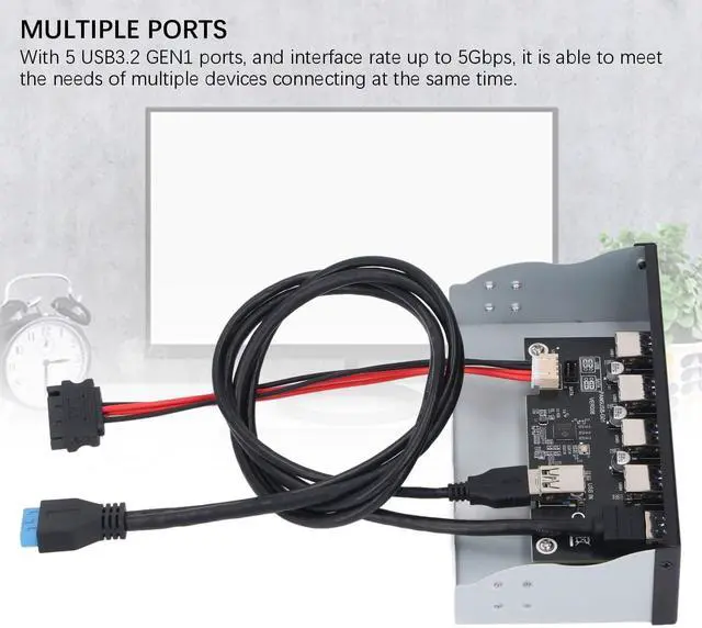 Alt view image 3 of 5 - 5.25 Inch Front Panel Hub, 5 Ports USB 3.2 GEN1 Optical Drive Front Panel USB Hub 19PIN, USB3.2 GEN1 x 5 Internal USB Hub for 8, 10, 2003, for OS X, for Linux Systems