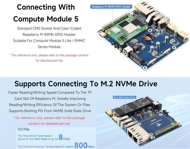 Alt view image 4 of 5 - Gigabit / 2.5G Dual Ethernet Base Board Compatible with Raspberry Pi Compute Module 5, Rich Interfaces-Dual RJ45 Ethernet Ports, Supports Dual 4K Display Outputs HDMI, Dual MIPI, M.2 M Key, etc.